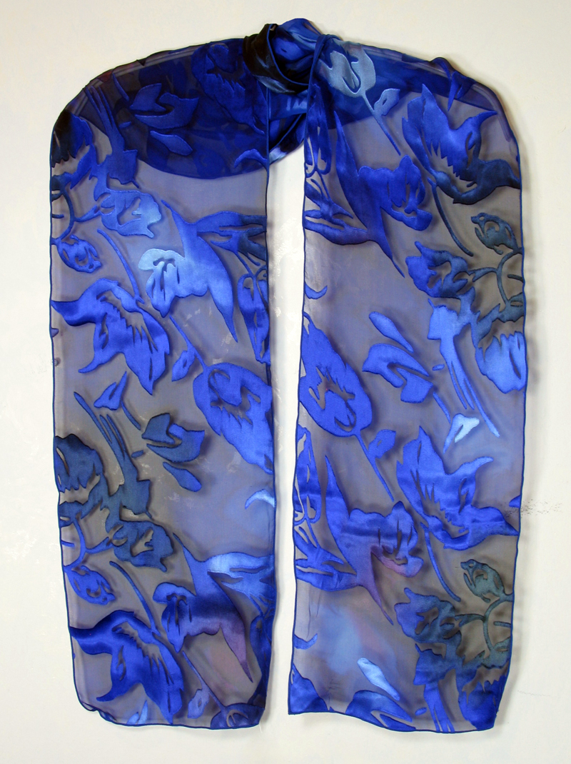 Han-painted silk/rayon scarf - Cobalt blue flower garden